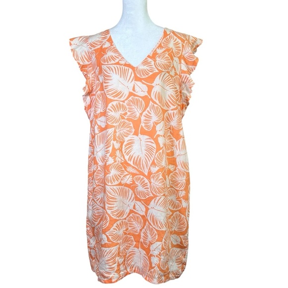 TAHARI 100% Linen Orange Tropical Leaf Dress Size Large Coastal Flutter Sleeve - Picture 2 of 11